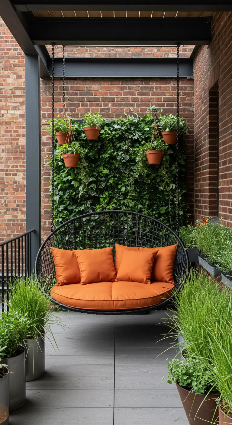 Zwart hangend daybed met oranje kussens voor een groene plantenwand op een balkon.