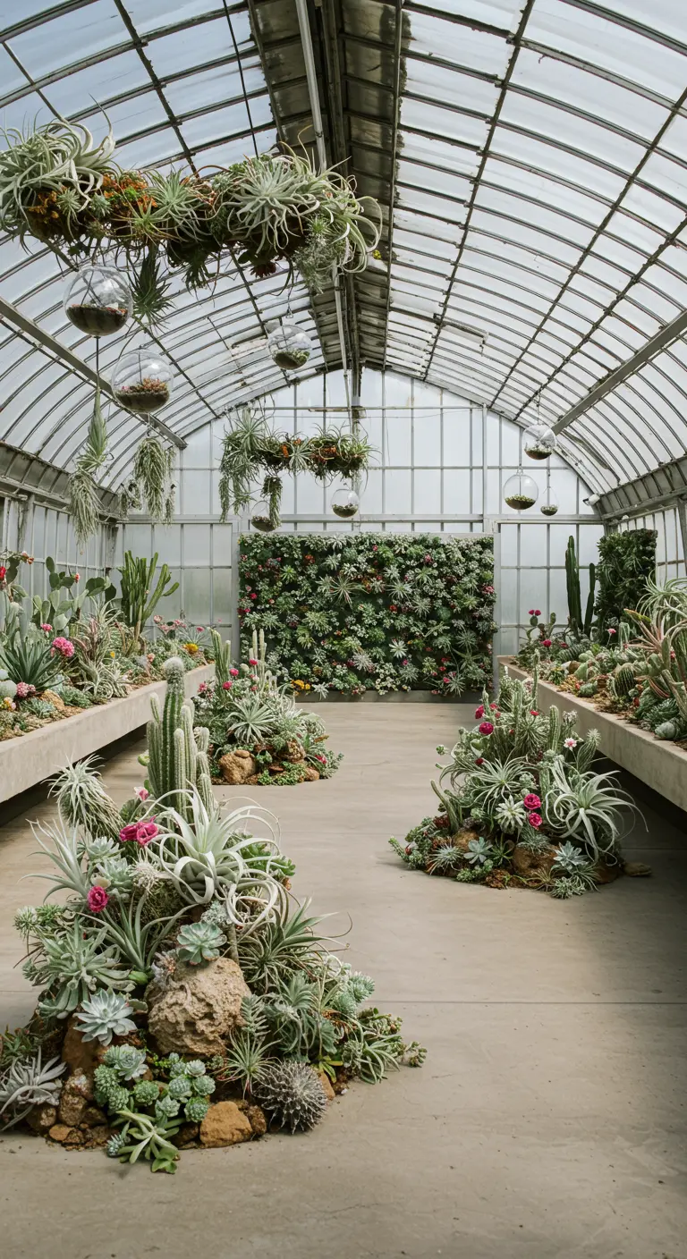 Bruiloftslocatie in een kas met grote cactussen, succulenten en een levende groene muur.