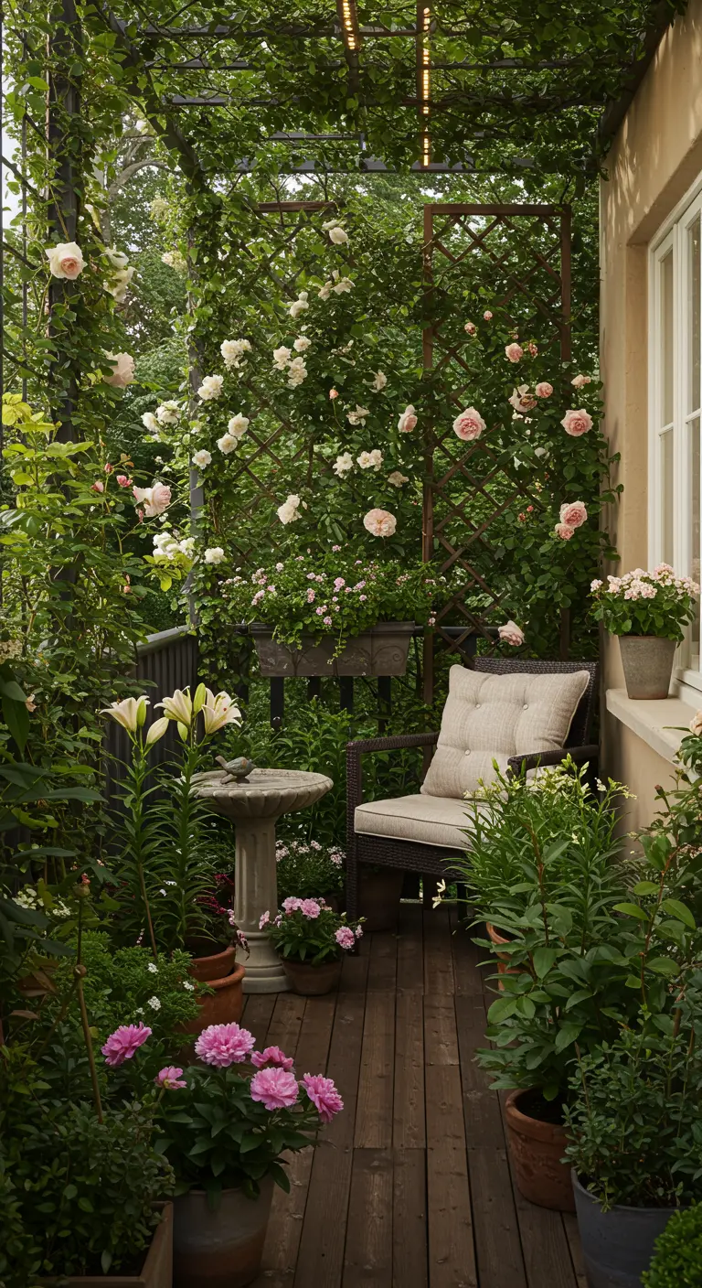 Overdekte patio met rozenwand, fauteuil, en veel bloeiende potplanten.