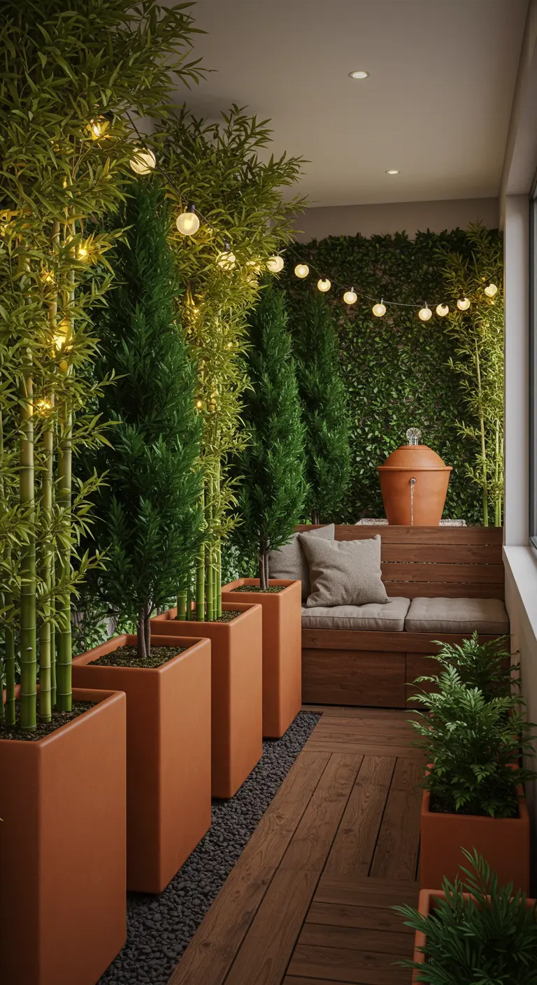 Balkon met hoge bamboe en cipressen in terracotta plantenbakken, groene wand en lichtslingers.