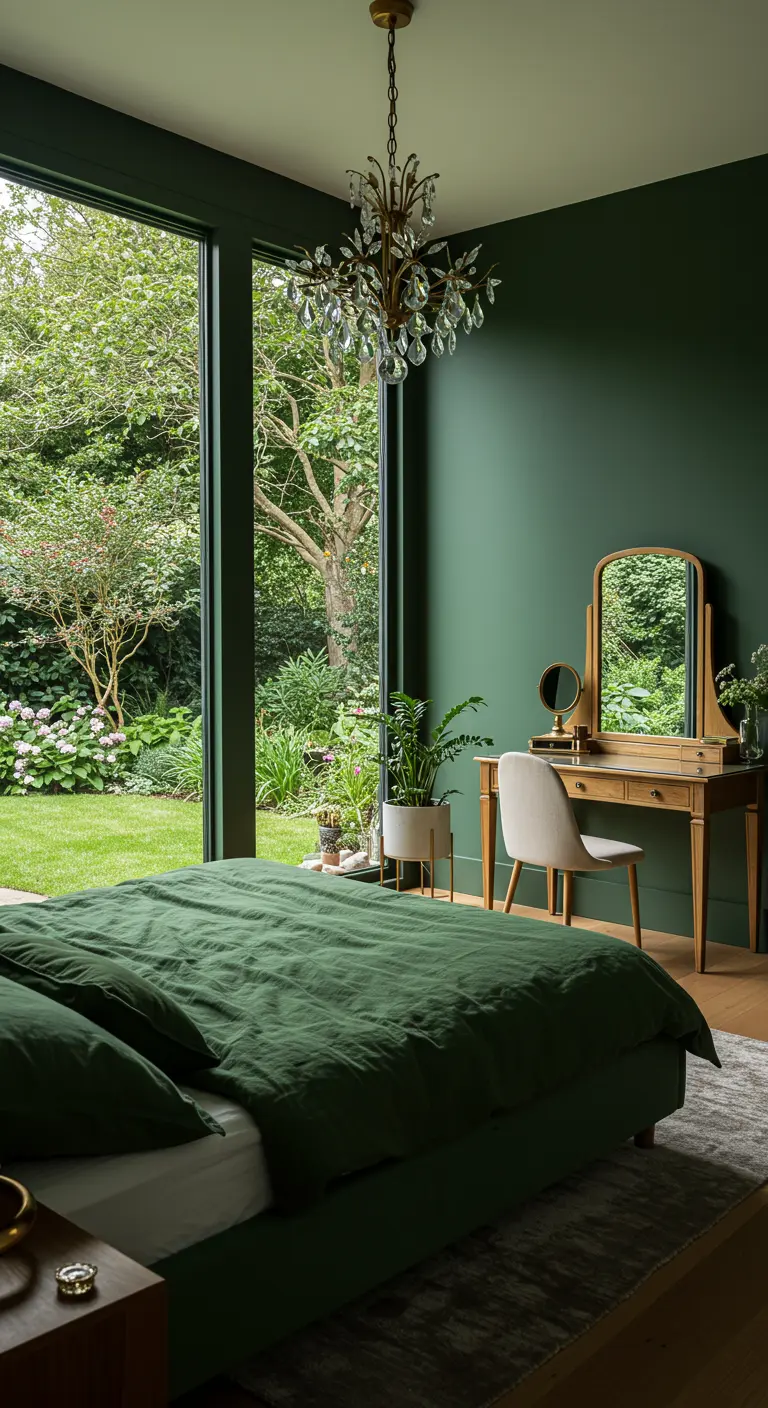 Rustgevende groene slaapkamer met grote ramen, uitzicht op tuin en kleine kristallen lamp.