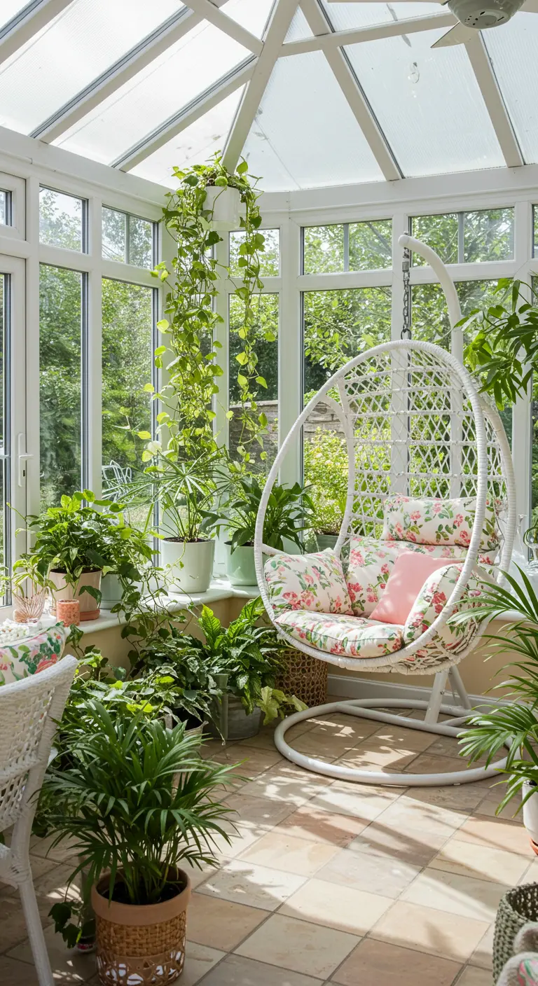 Witte hangstoel met bloemenprintkussens in een serre vol groene planten en daglicht.
