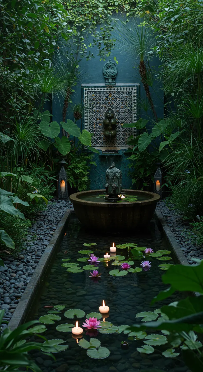 Lush groene tuin met donkere muur, mozaïekfontein, waterlelies en drijvende kaarsen.