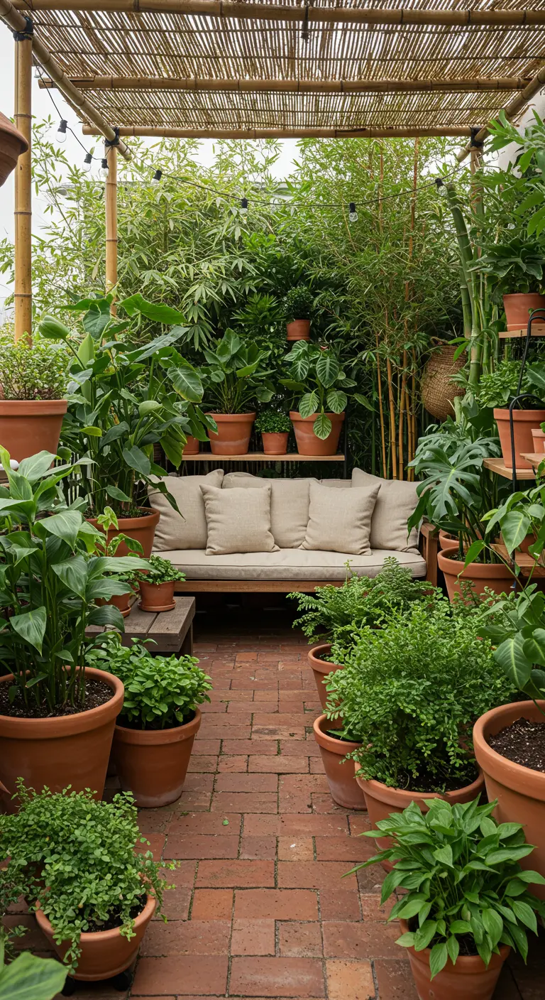 Overdekt balkon met bamboe pergola, volop planten in terracotta potten en een loungebank.