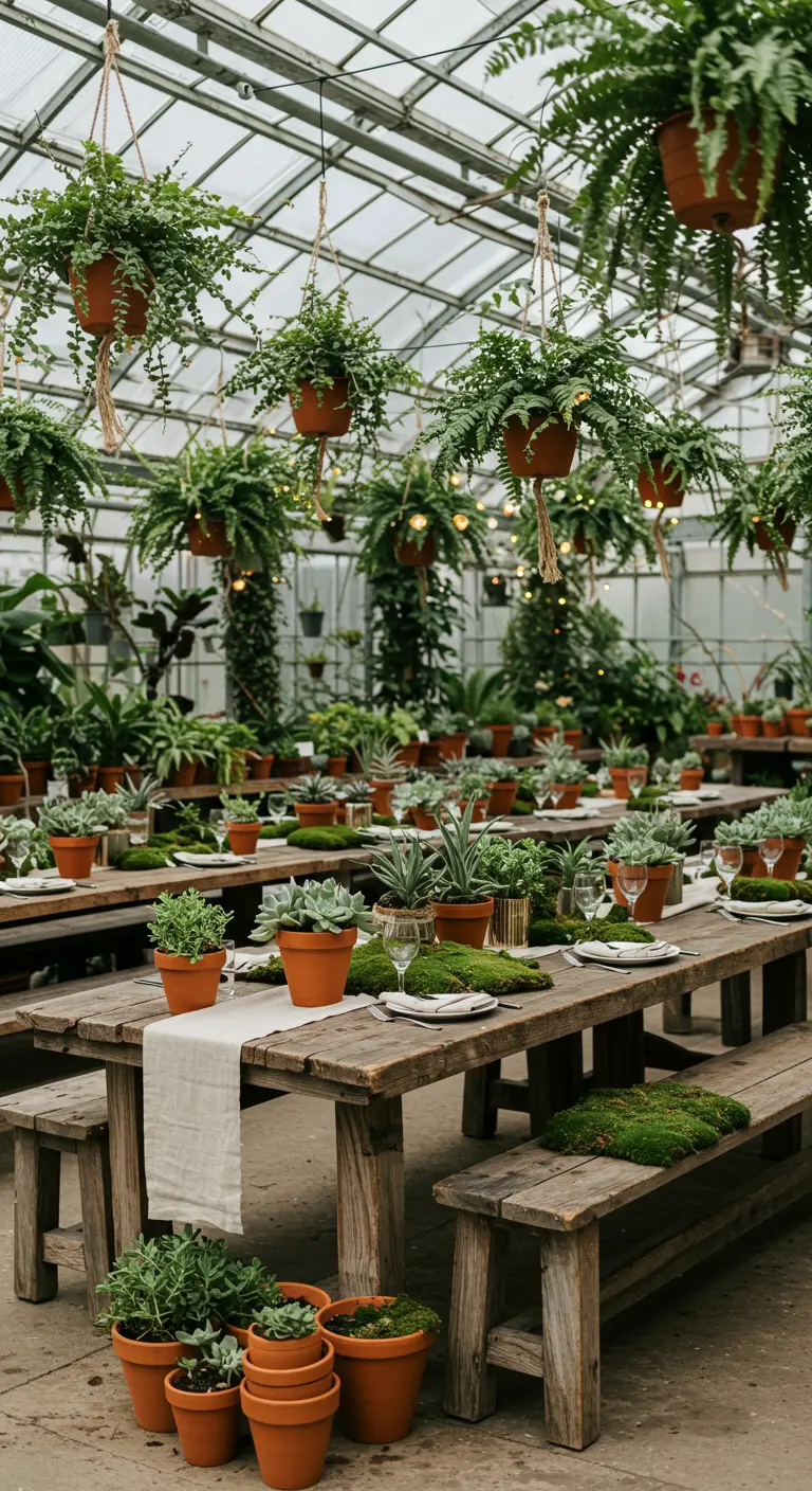 Serre feestdecoratie met houten tafels, hangplanten en terracotta potten met groen.