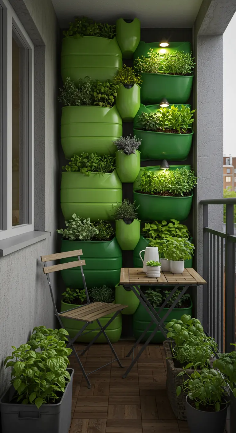 Verticale tuinwand gemaakt van gestapelde groene halfronde plantenbakken met kruiden op een balkon.