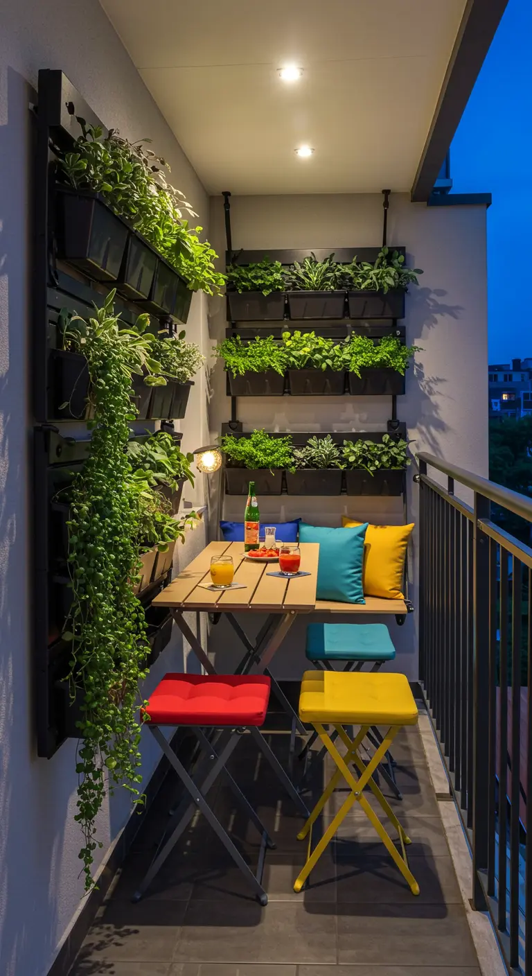 Balkon met verticale plantenwand, opklapbare tafel, felgekleurde inklapstoelen.