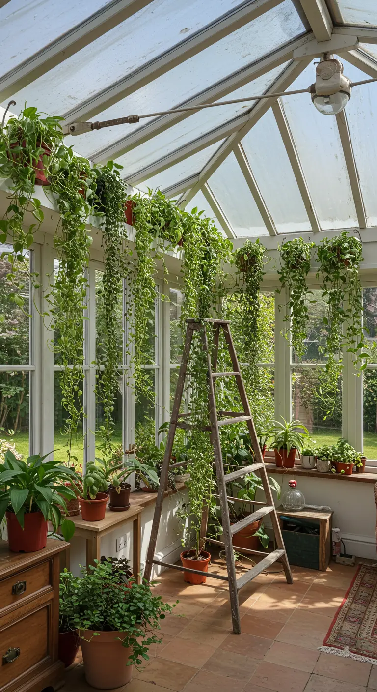 Houten ladder in een glazen serre, overladen met hangplanten die naar beneden groeien.