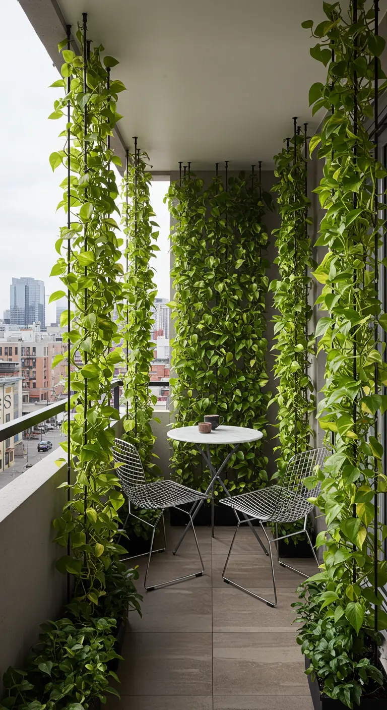 Smal balkon met klimplanten die om hoge palen groeien, wat een groen gordijn creëert.