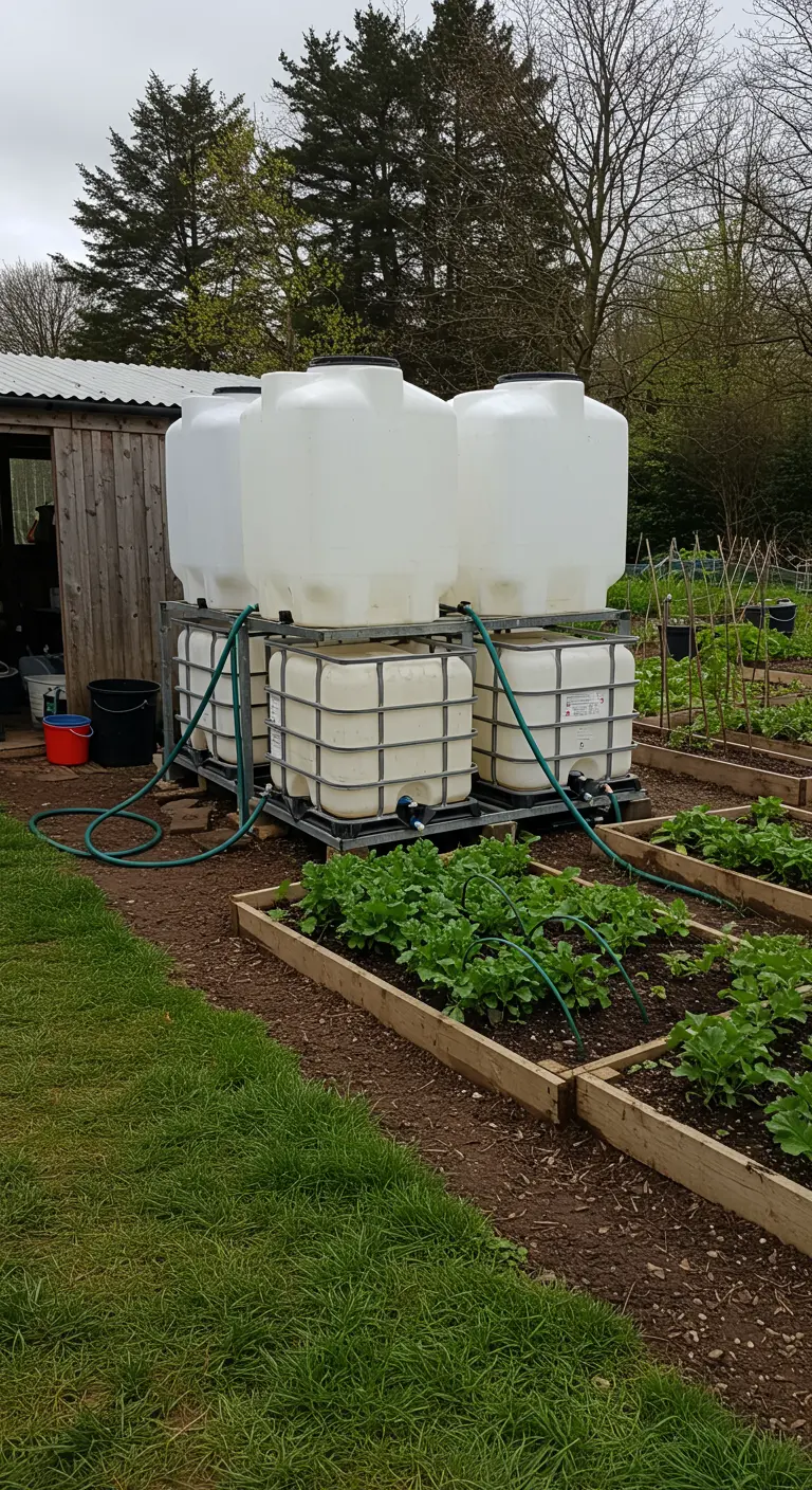 Grote, witte IBC-containers op een metalen frame voor grootschalige wateropslag in een moestuin.