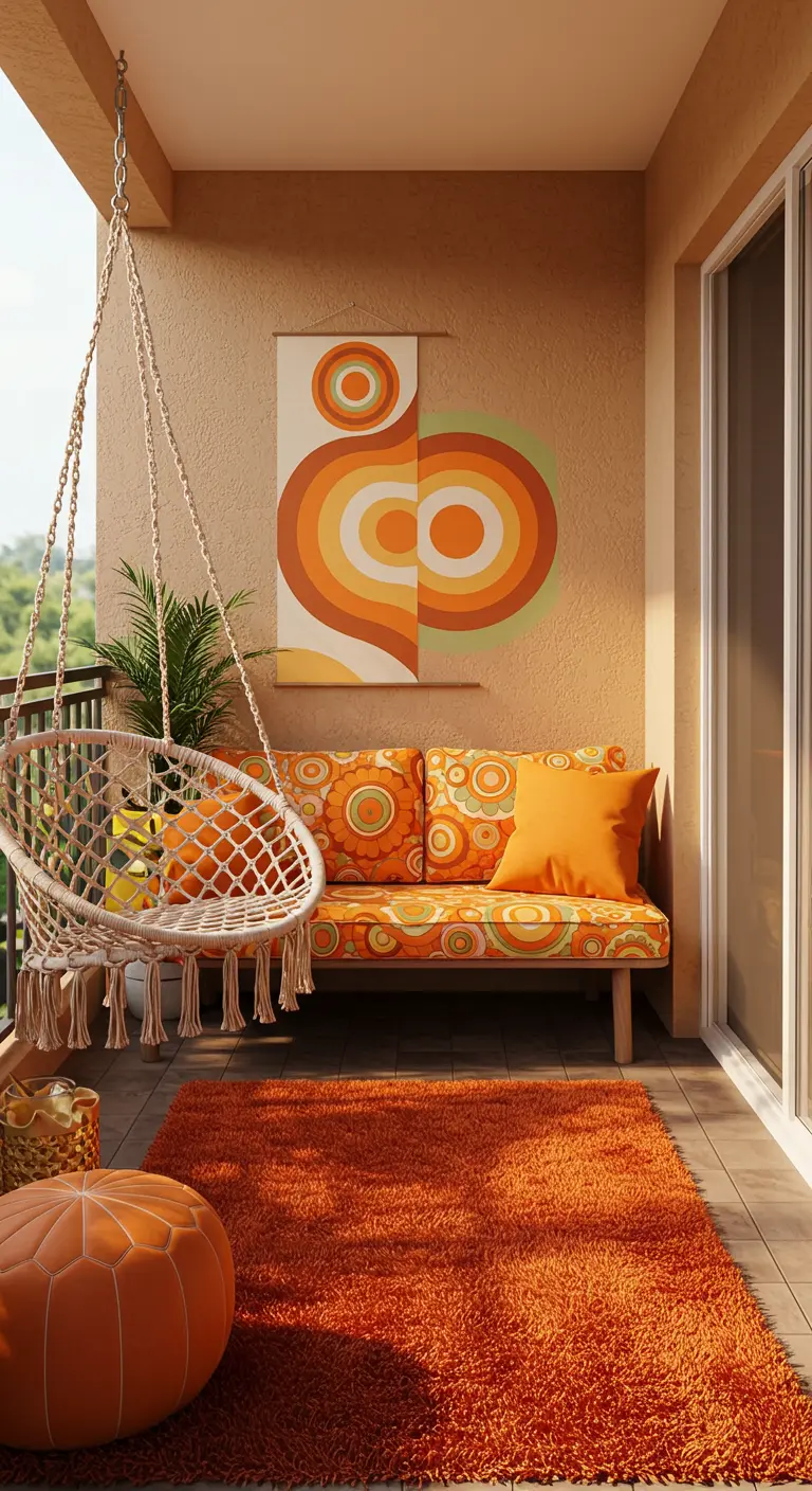 Balkon in jaren '70 stijl met oranje meubels, retroprints en een macramé hangstoel.