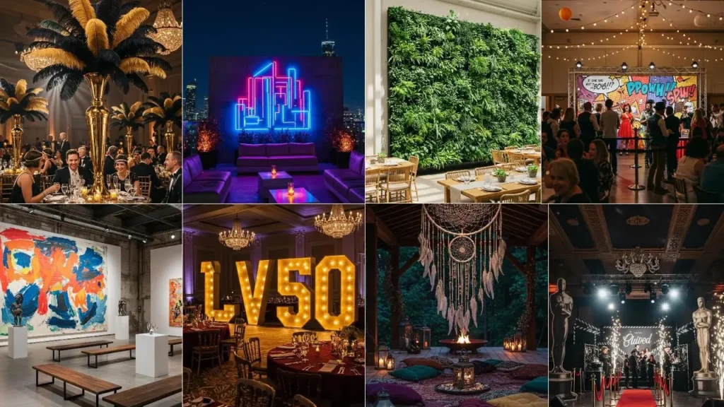 Voorbeeld van grote, oversized decorstukken als blikvanger: gouden veren, neonlichten, plantenwanden en letters.