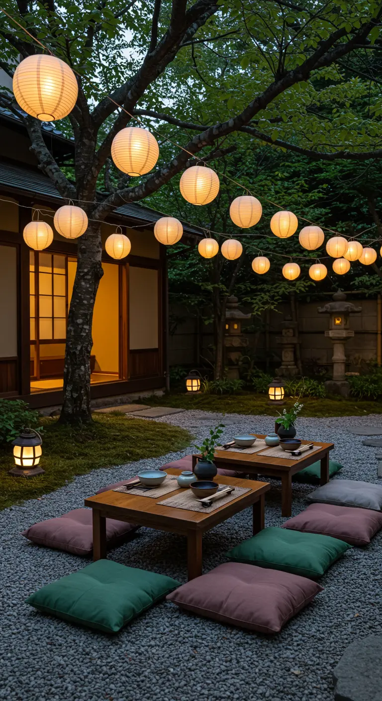 Japanse tuin met lage houten tafels, zitkussens op grind en papieren lampionnen in de bomen.