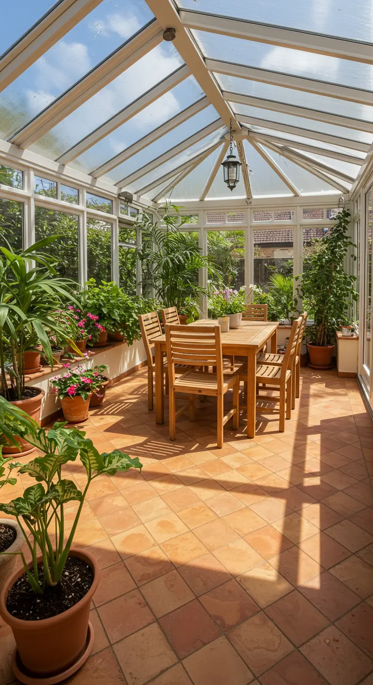 Lichte serre met een terracotta tegelvloer, houten eethoek en veel groene planten.