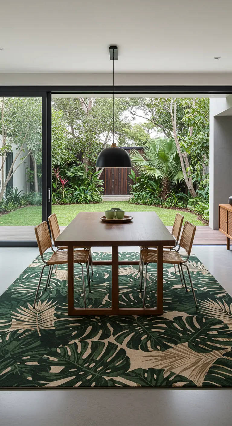 Eetkamer met glazen pui en uitzicht op de tuin, met een tapijt met grote groene palmbladeren.