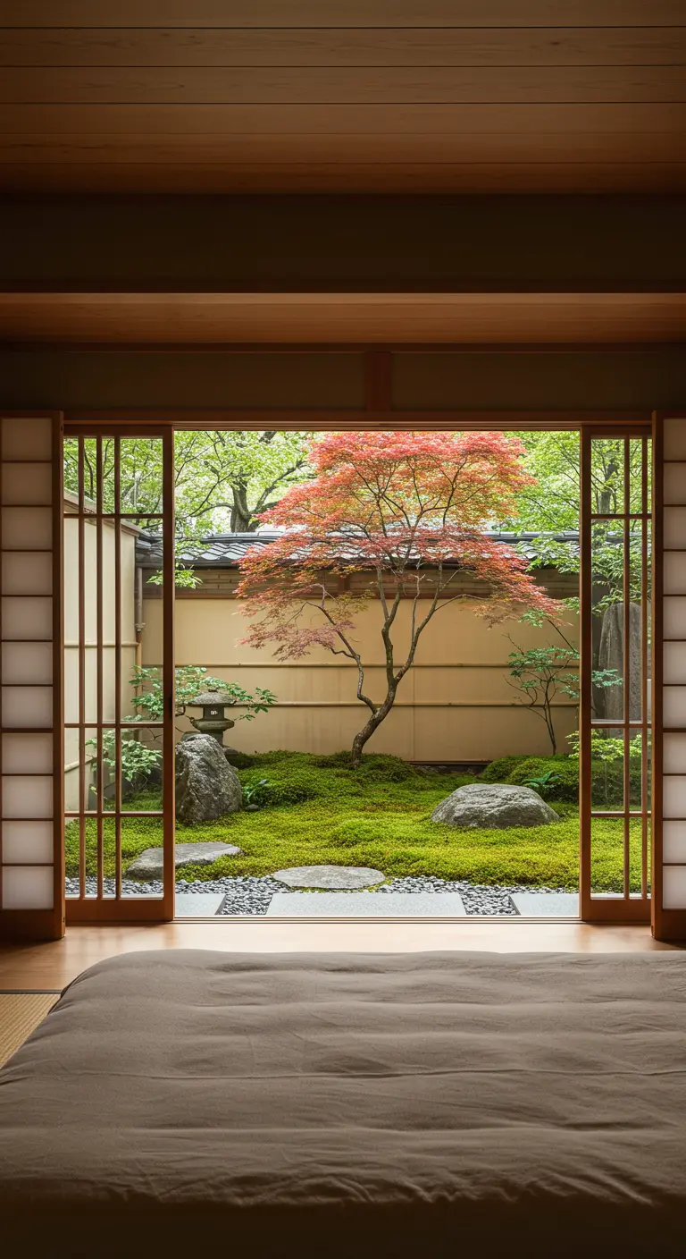 Uitzicht vanuit een slaapkamer door open shoji-deuren naar een serene Japanse tuin met mos en een esdoorn.