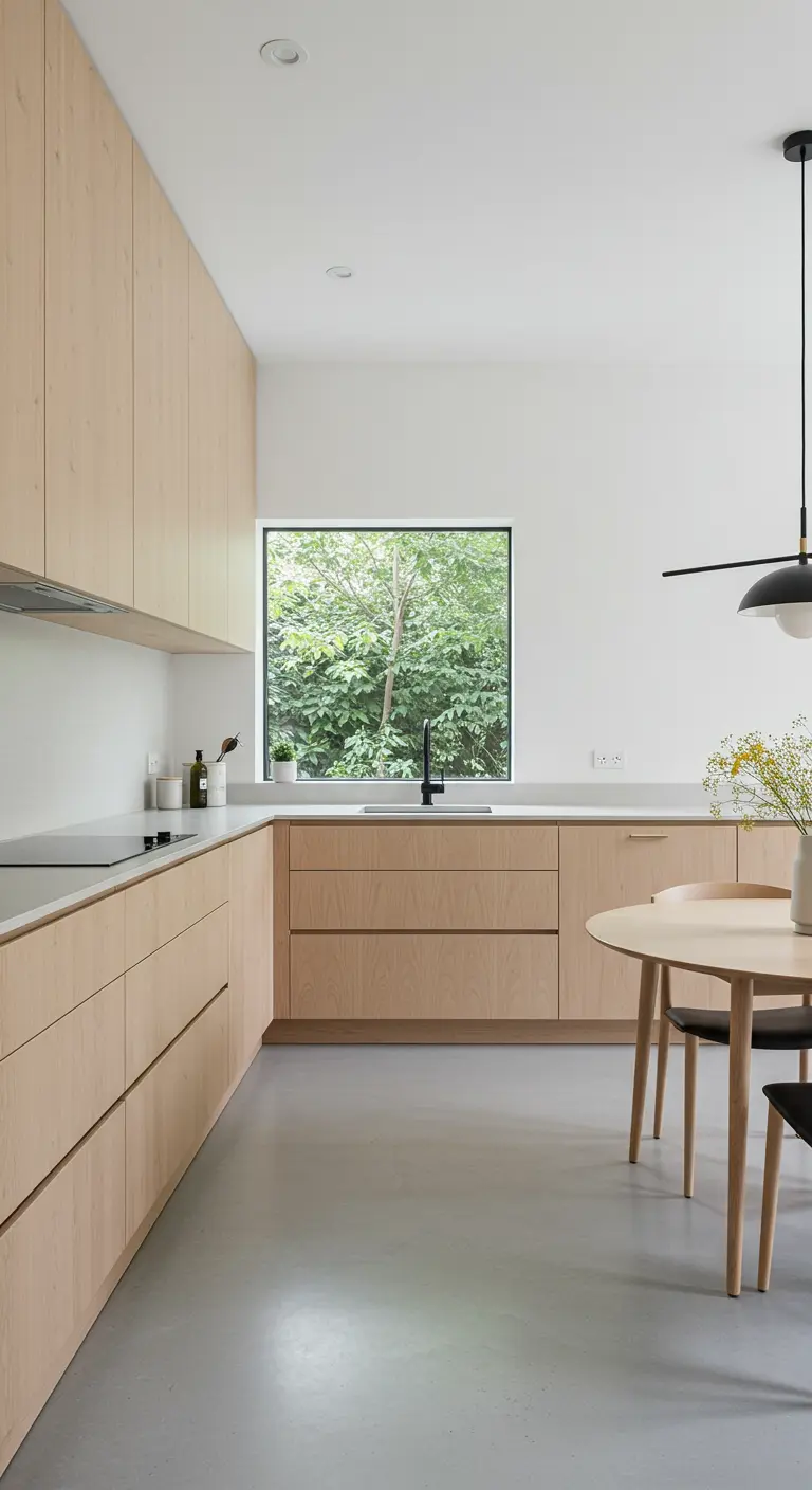 Lichte keuken met houten kasten, een betonnen vloer en een groot raam met uitzicht op een groene tuin.