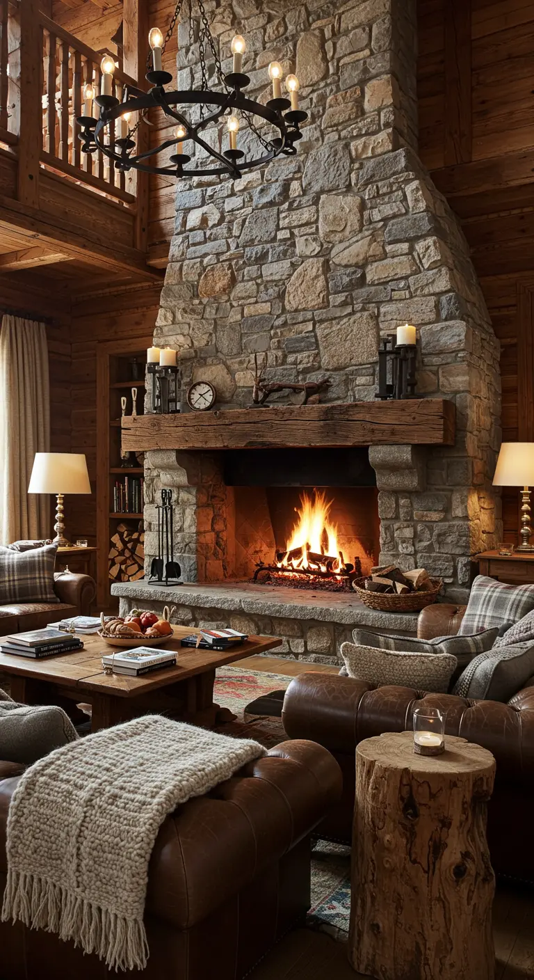 Woonkamer met stenen haard, leren banken, kussens en plaids.