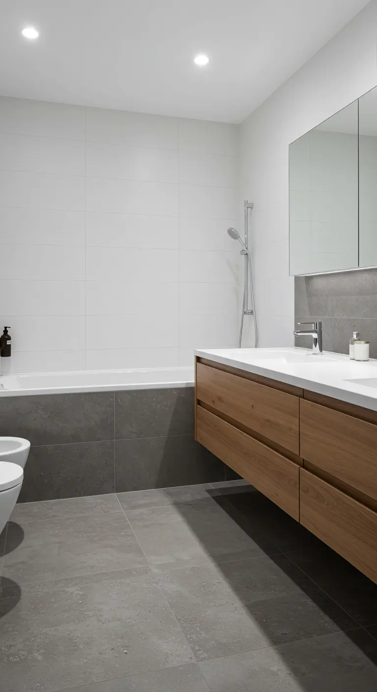 Badkamer met witte wandtegels en een badombouw en vloer van grijze betonciré-tegels.