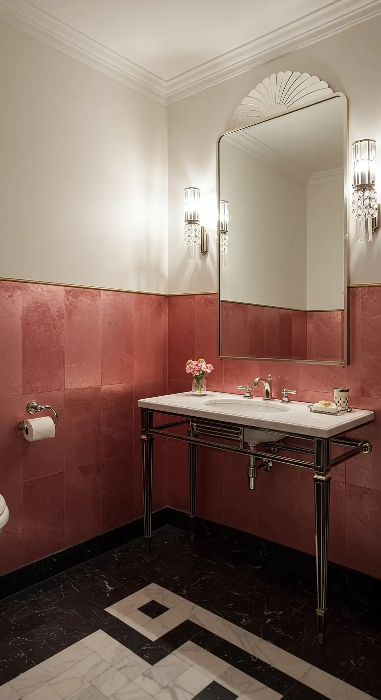 Chique badkamer met halfhoge roze tegels, marmeren vloer en een chromen wastafelconsole.