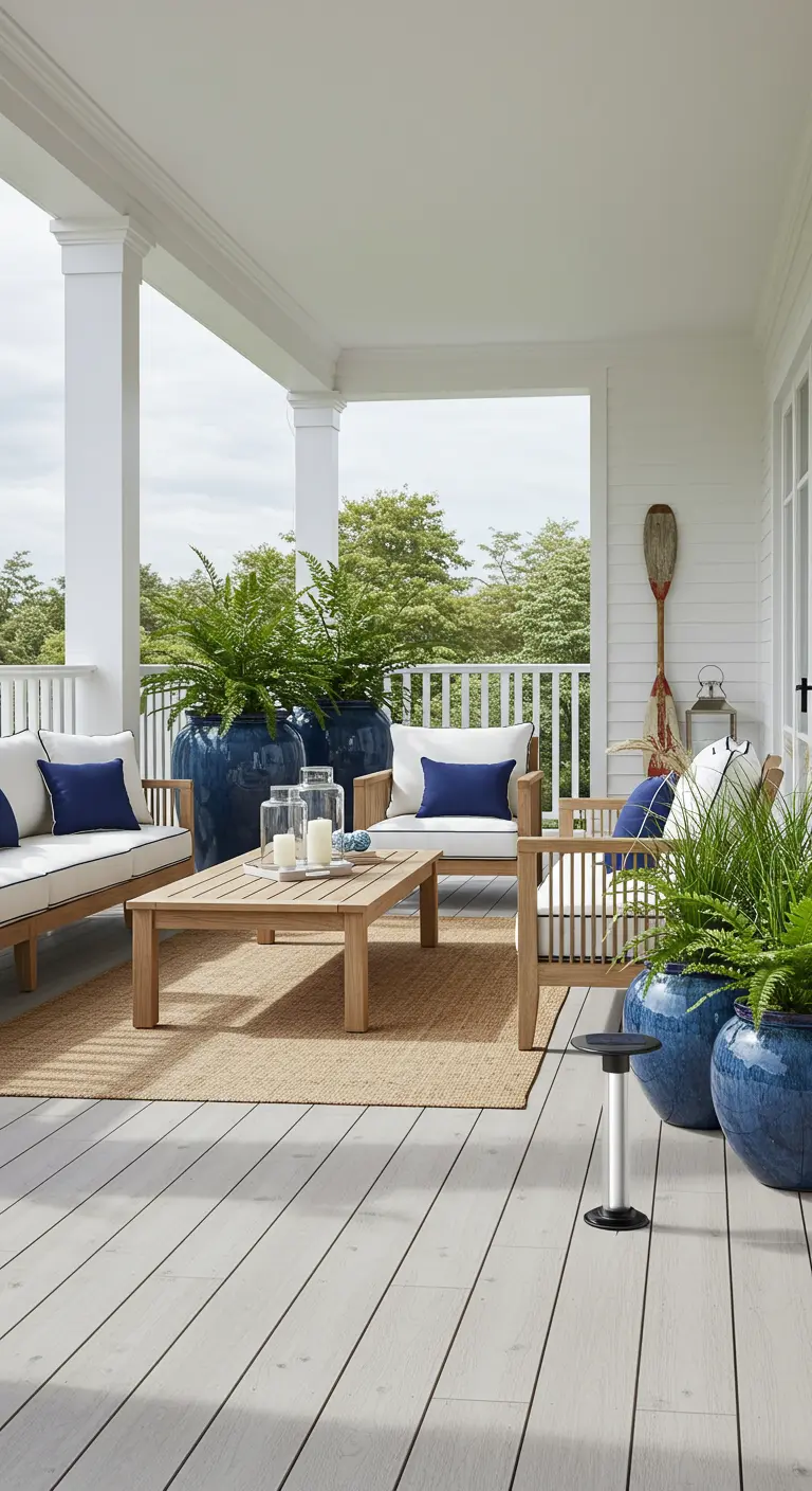 Wit balkon met houten meubels, blauwe kussens, grote blauwe potten en een peddel aan de muur.