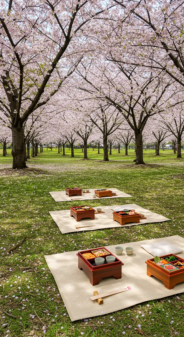 Picknick met bentoboxen op tatami-matten onder bloeiende kersenbomen.