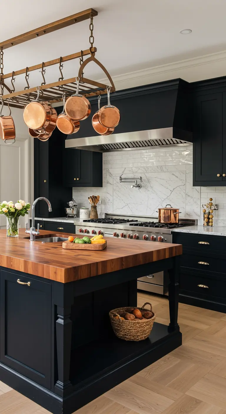 Zwarte keuken met houten eiland en een hangend rek met koperen pannen erboven.