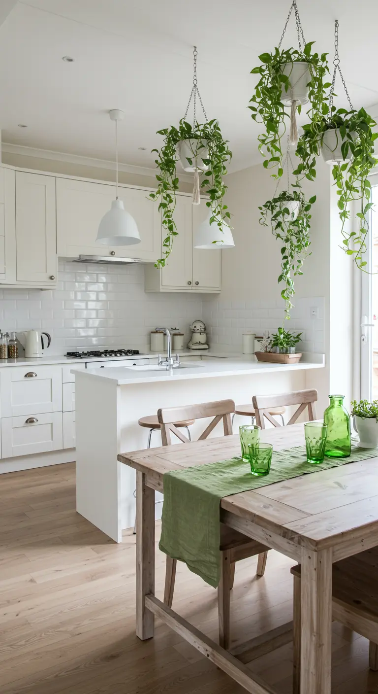 Landelijke witte keuken met een houten eettafel en hangplanten erboven in macramé-hangers.