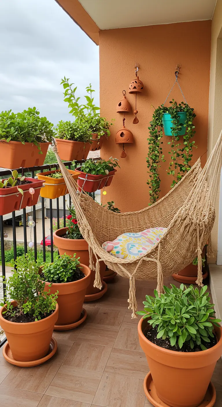 Balkon met macramé hangmat, terracotta bellen en diverse planten in terracotta potten.