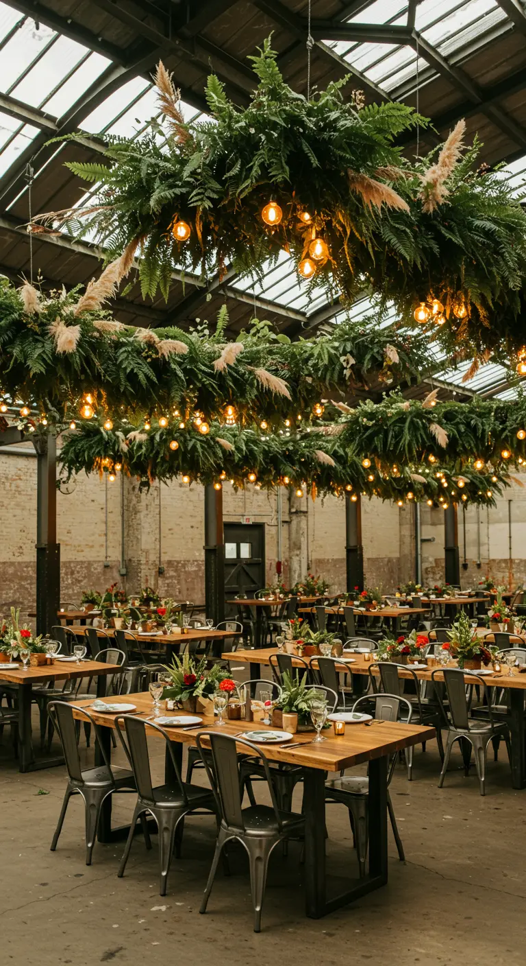 Industriële feestzaal met houten tafels, metalen stoelen en grote hangende groeninstallaties met lampjes.