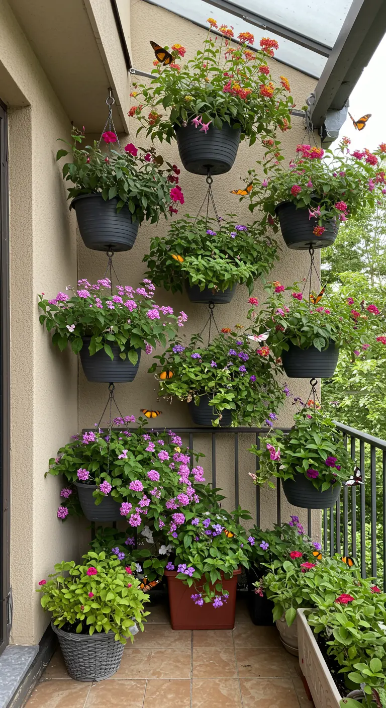Muur op een balkon vol met hangende potten met kleurrijke Lantana-bloemen.