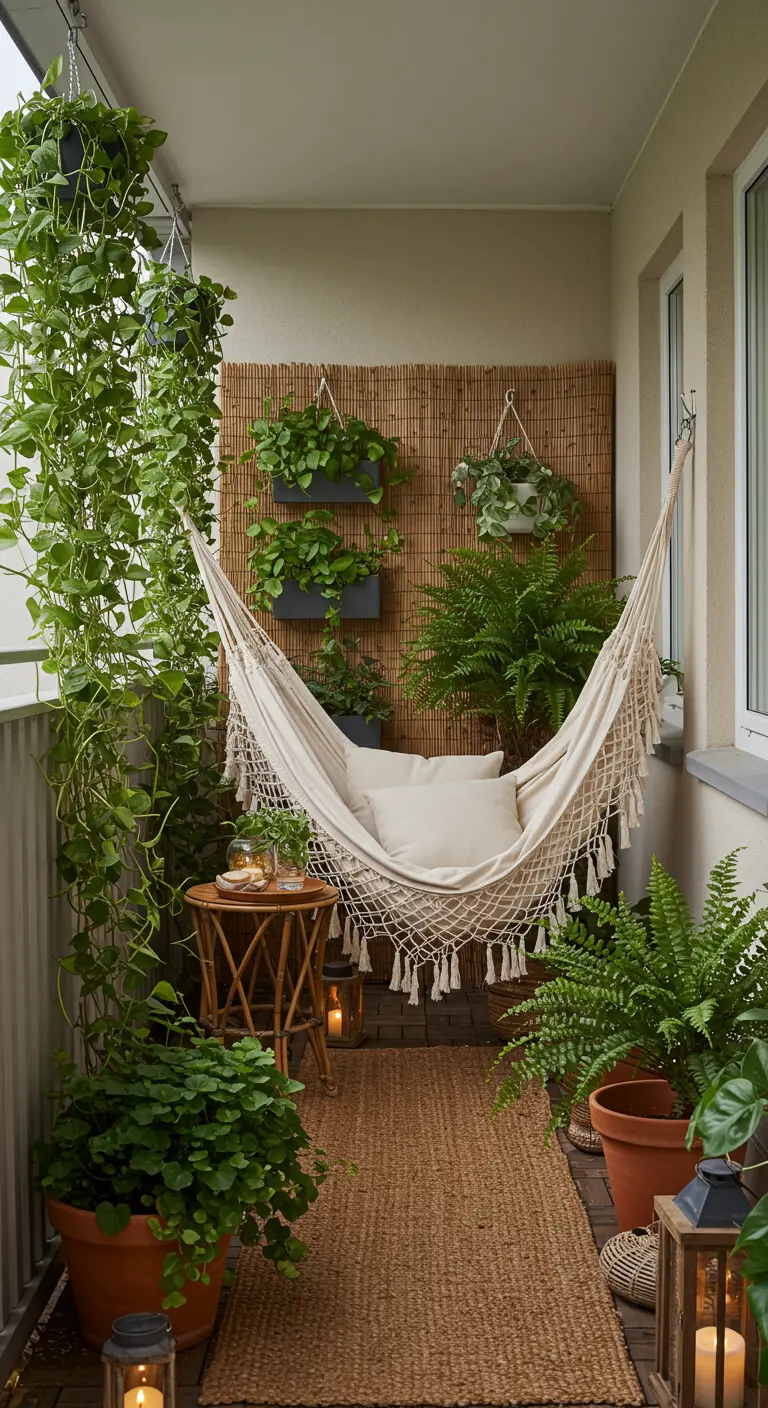 Klein balkon met hangmat, omringd door diverse planten in potten en hangplanten aan een bamboewand.