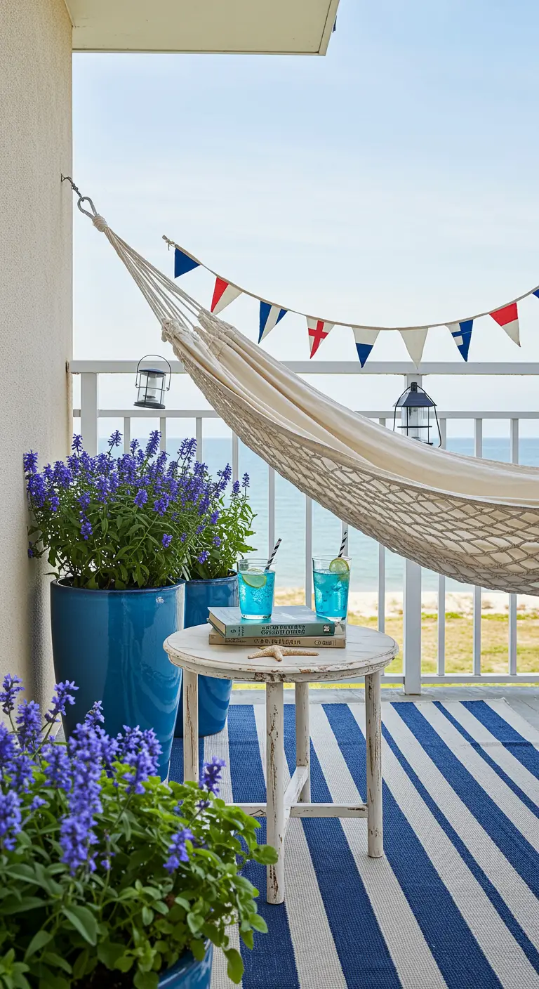 Nautisch balkon met hangmat, blauw-wit gestreept vloerkleed, blauwe potten en vlaggenlijn.