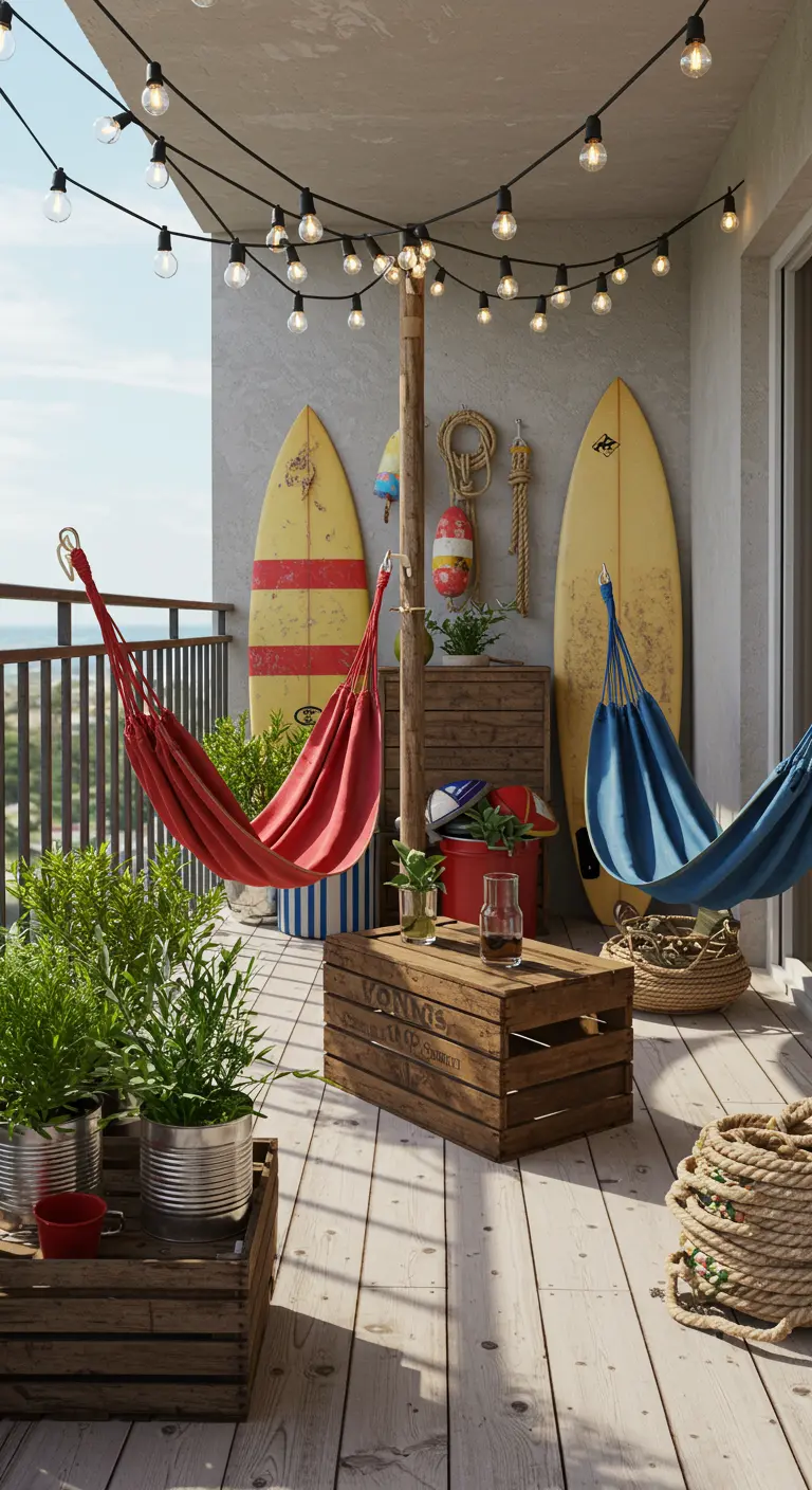 Balkon met rode en blauwe hangmatten, houten kisten, boeien en lichtslingers.