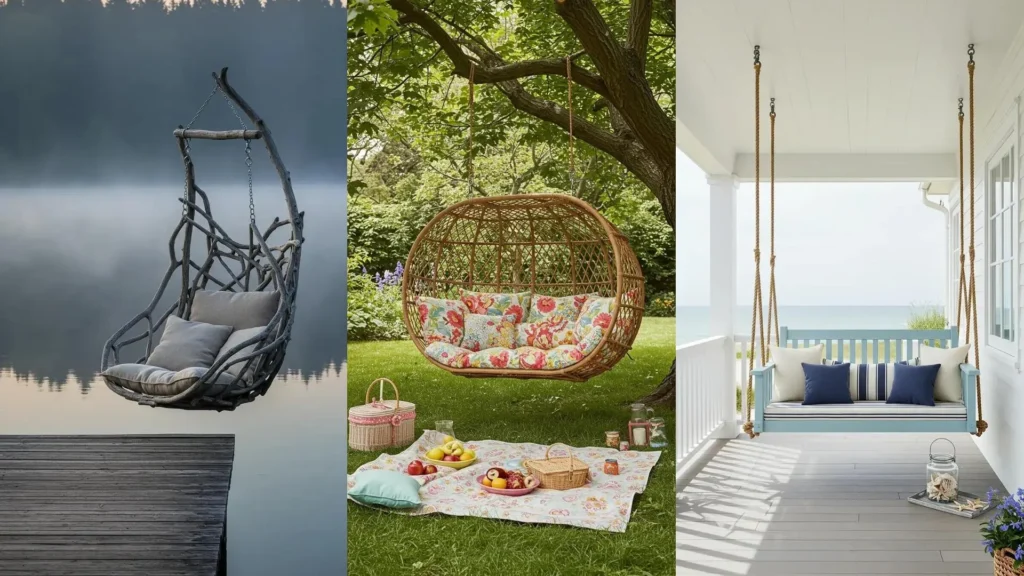 Drie stijlvolle hangstoelen, waaronder een boho rotan model in een weelderige tuin, perfect voor buiten.