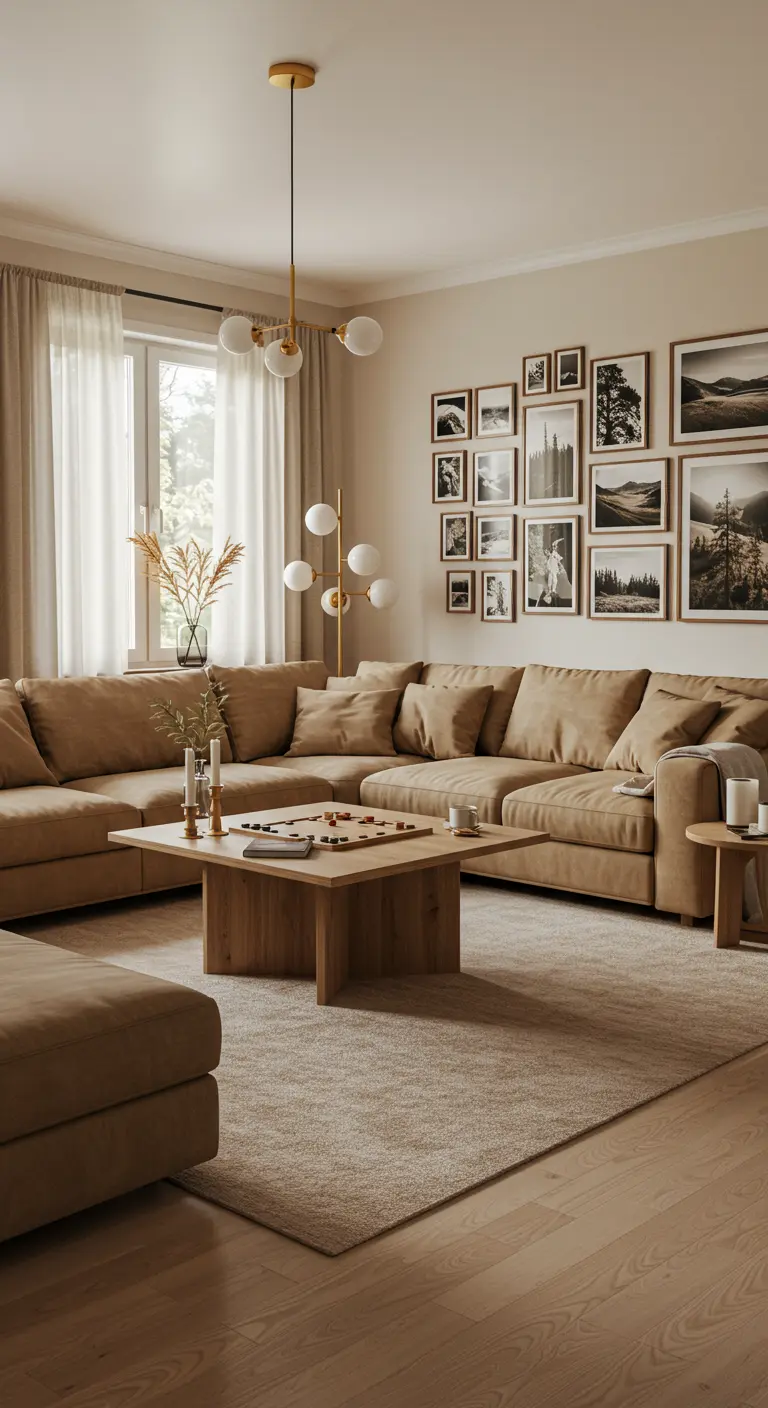 Warme woonkamer met bruine hoekbank, grote galerijwand en houten salontafel.