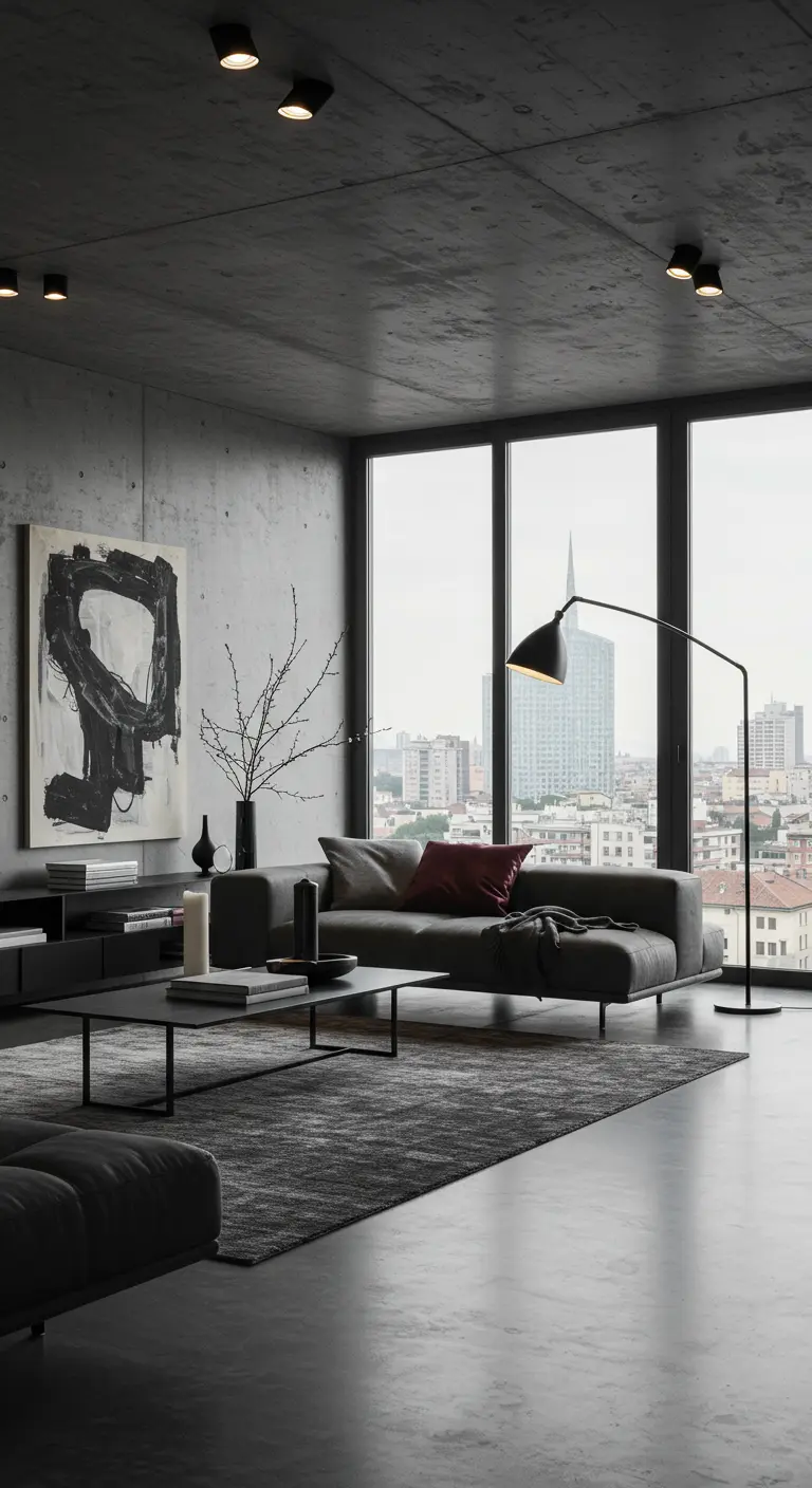 Moderne woonkamer met grijze betonwanden, donkere meubels en abstracte kunst.