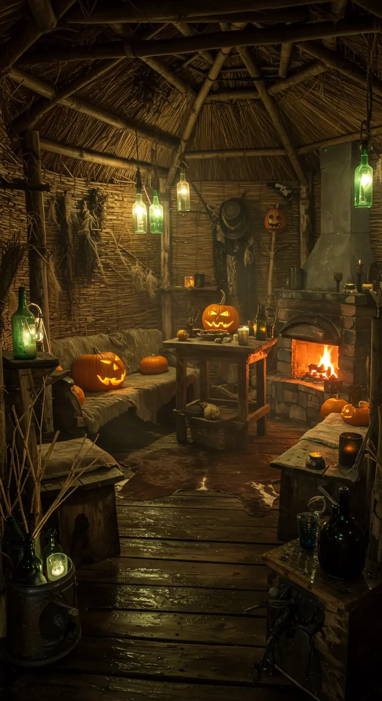 Rustieke hut met open haard, pompoenen, flessenlampen en griezelige decoratie.