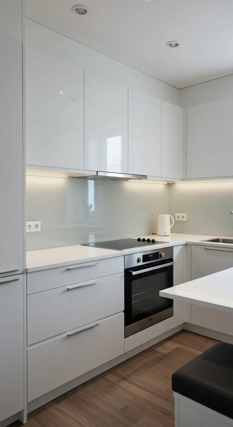 Glanzende witte keukenkasten met een licht glazen backsplash en geïntegreerde verlichting.