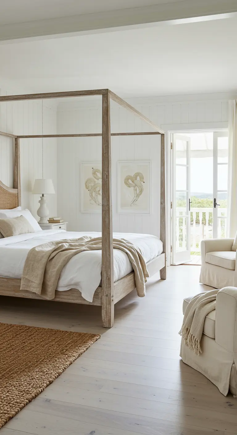 Lichte slaapkamer met een houten hemelbed, witte muren en een deur naar een balkon.