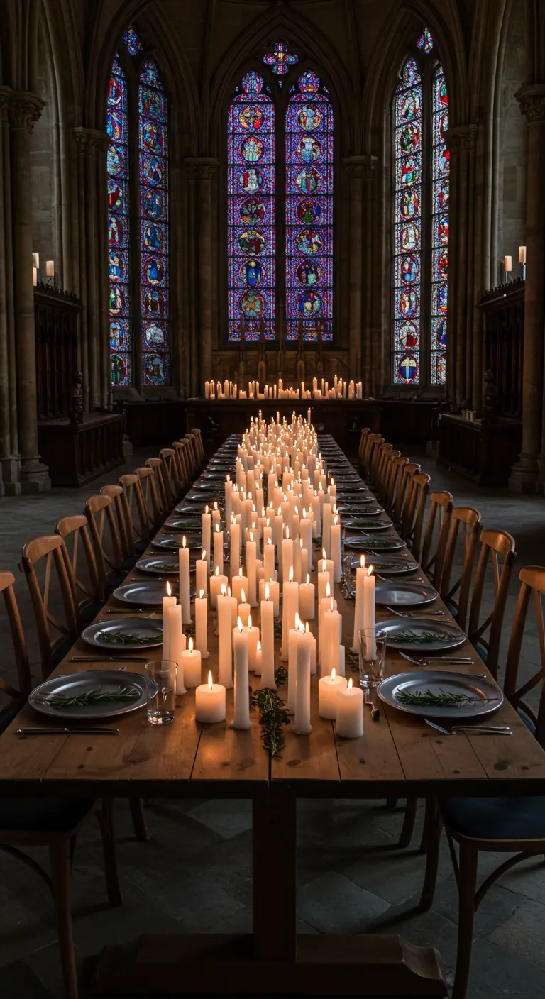 Lange houten tafel in een kathedraal, vol met brandende witte stompkaarsen.