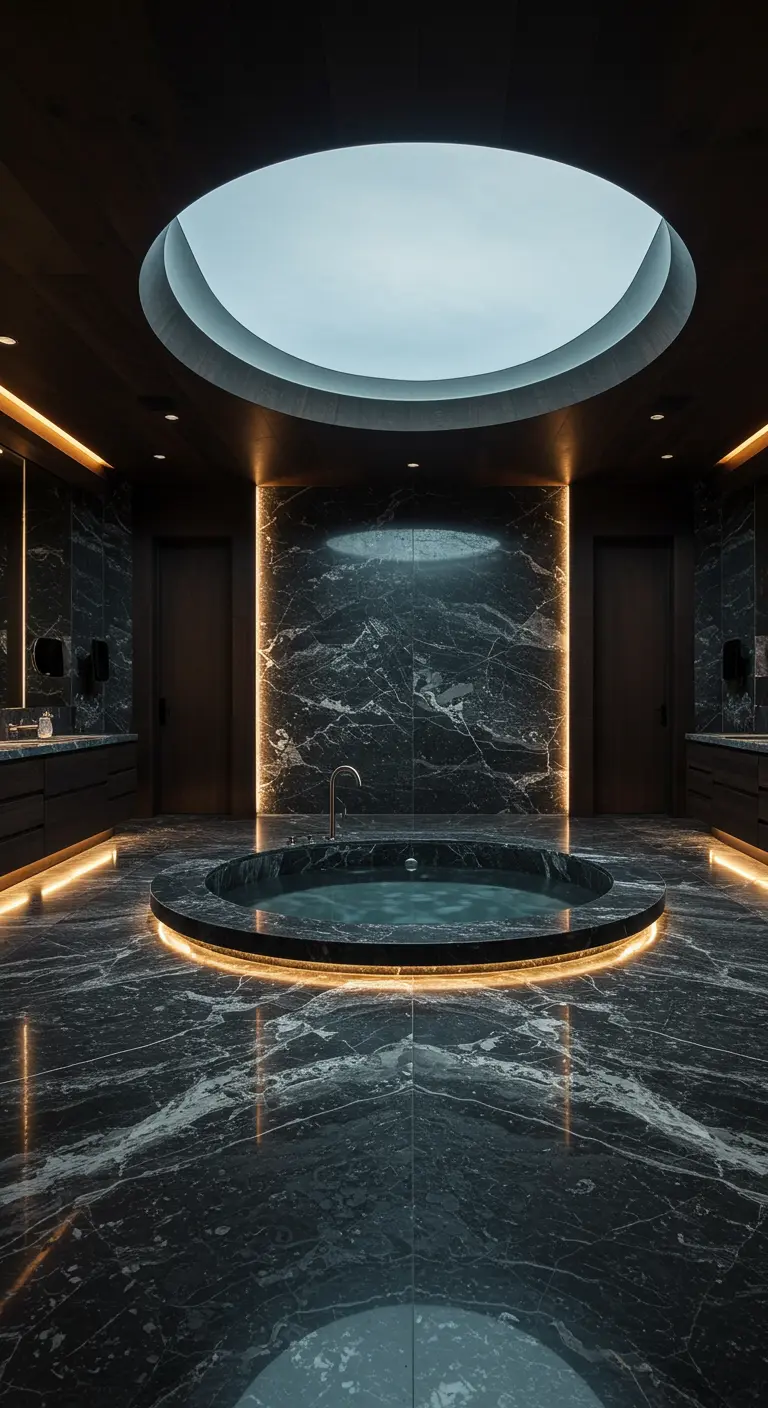 Donkere marmeren badkamer met een rond verzonken bad onder een grote ronde lichtkoepel.
