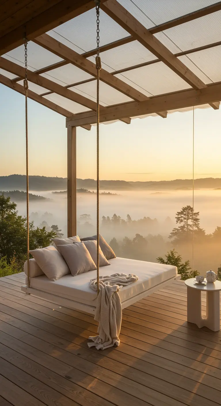 Zwevende schommelbed op veranda met helder dak, mistig landschap, zonsopgang.
