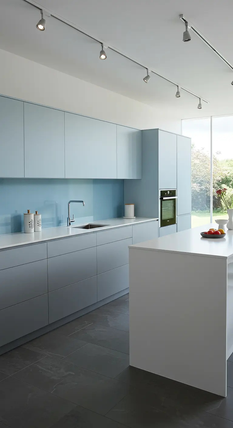 Keuken met lichtblauwe bovenkasten en spatwand, grijze onderkasten en wit eiland.