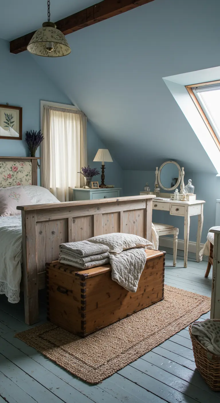 Knusse zolderkamer in hemelsblauw met een rustiek houten bed en schatkist.