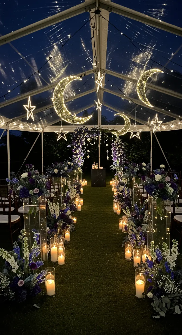 Nachtelijke bruiloftsceremonie in transparante tent met maan- en sterrenlichten en blauwe bloemen.
