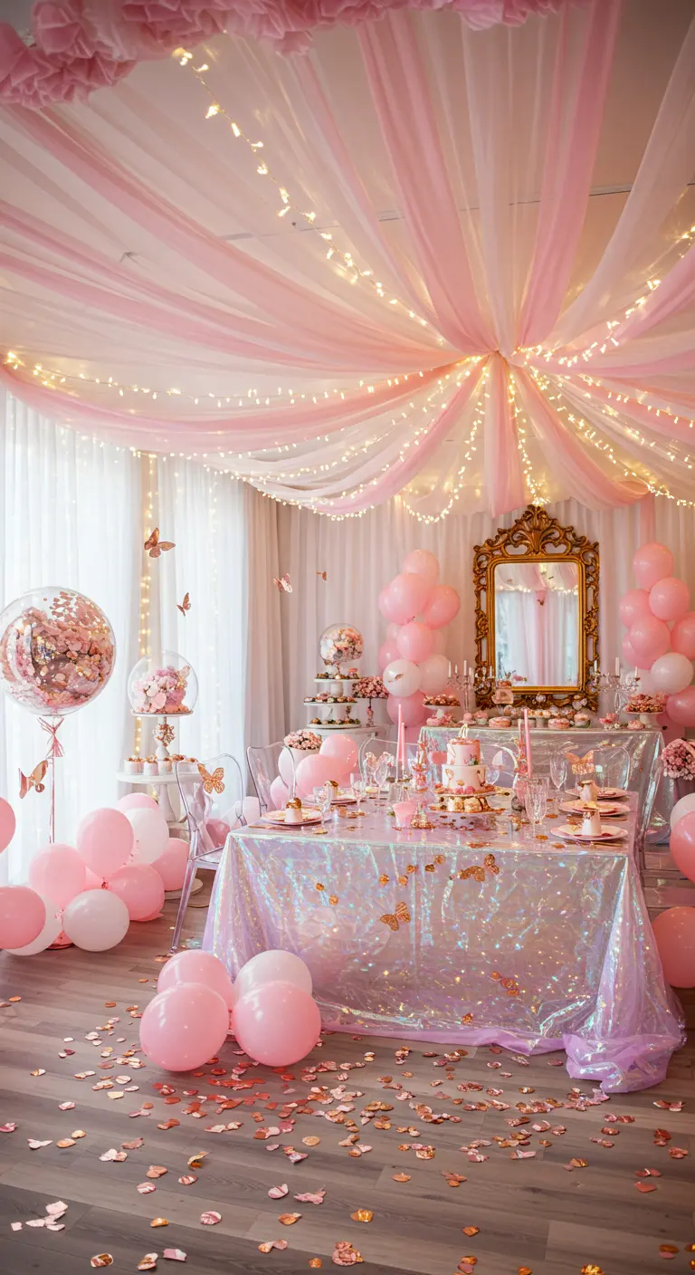 Kamer gedecoreerd met roze tule, lichtjes, ballonnen en gouden vlinders.