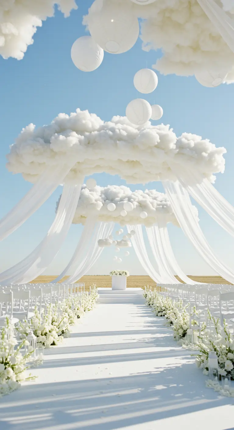 Buiten bruiloft ceremonie met witte wolken, lampionnen en bloemdecoraties.