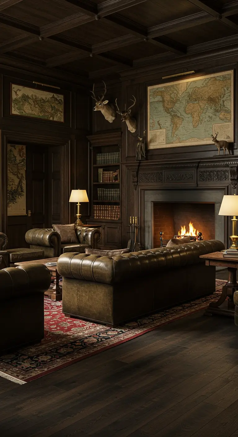 Klassieke herenclub woonkamer met donkere lambrisering, leren banken, open haard, kaarten.