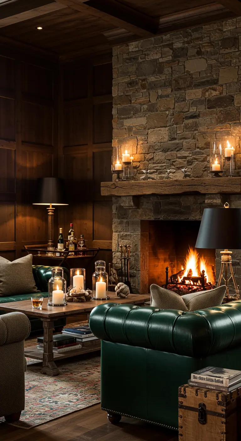 Donkere, mannelijke woonkamer met houten lambrisering, stenen haard, groene chesterfield en lantaarns.